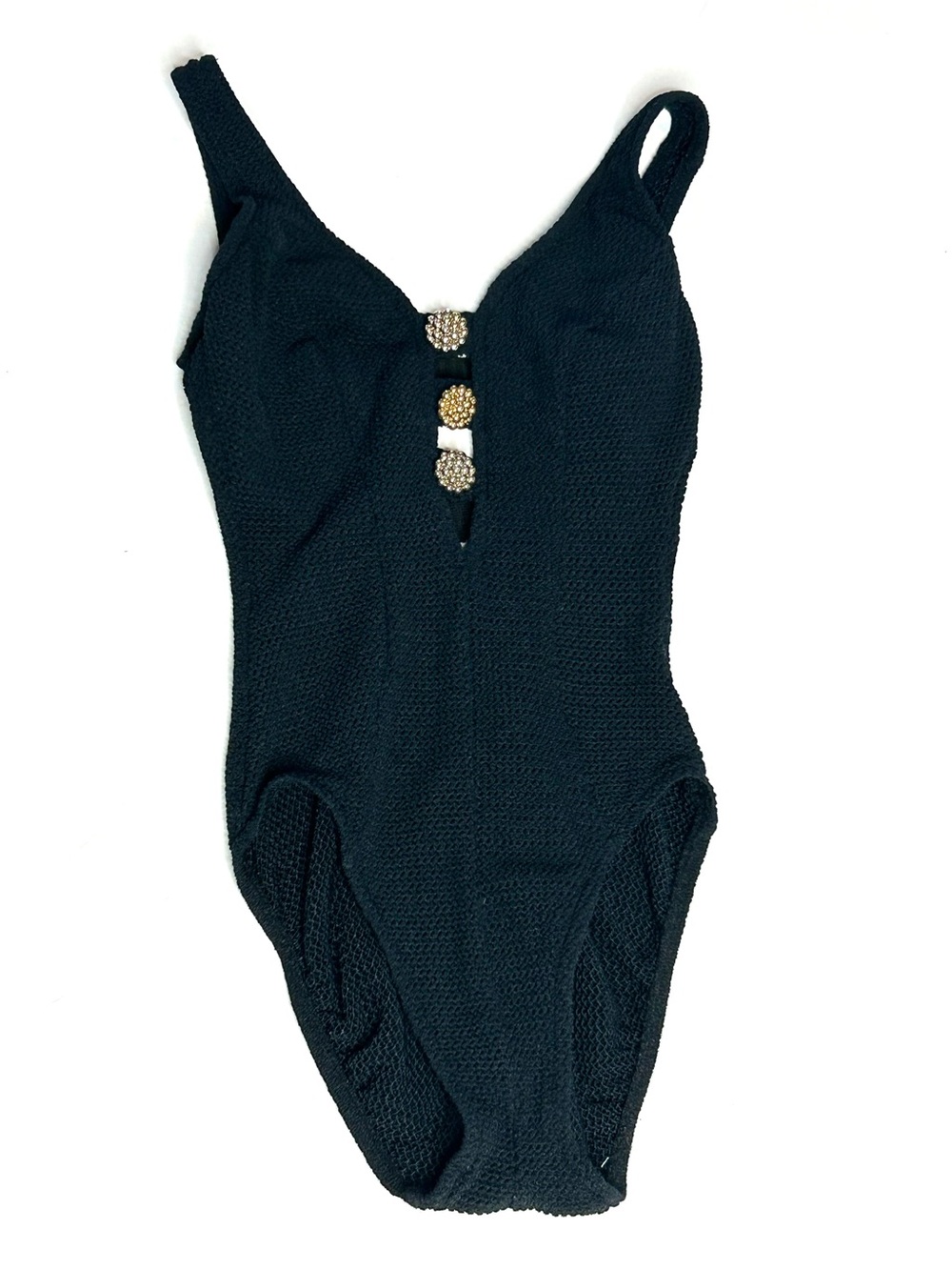 Classic Black One-Piece Crinkle Textured Swimsuit with Gold Accents Vintage